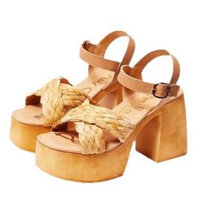 Sam Edelman Womens 5 Suzannah Platform Chunky Block Heels Tan Raffia NEW